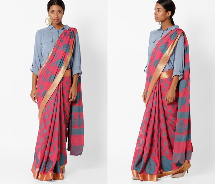 Sari – Payal Pratap – Baby pink sari with white floral embroidery and white  shirt style blouse – Amazon India Fashion Week Spring-Summer 2016 –  Shinjini Amitabh Chawla