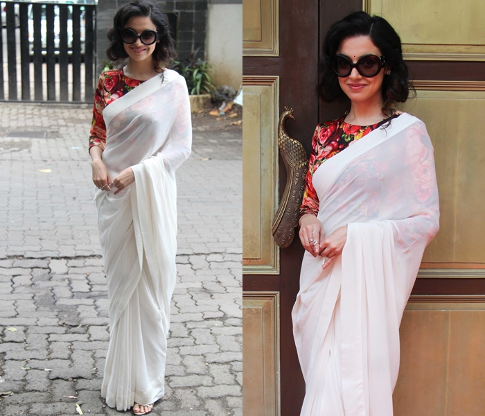 Plain white saree with printed floral blouse