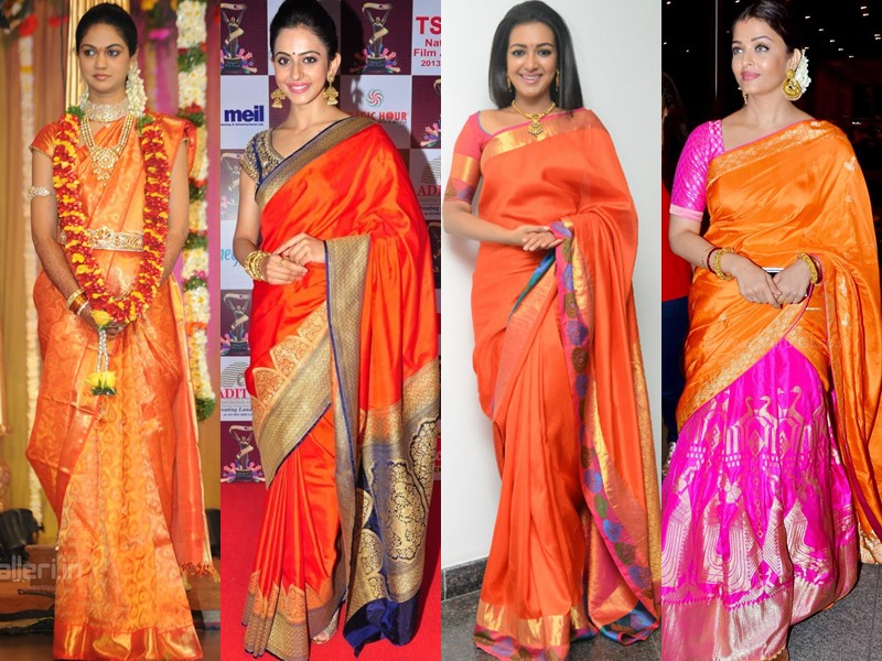 11 celebrity in orange silk saree and blouse