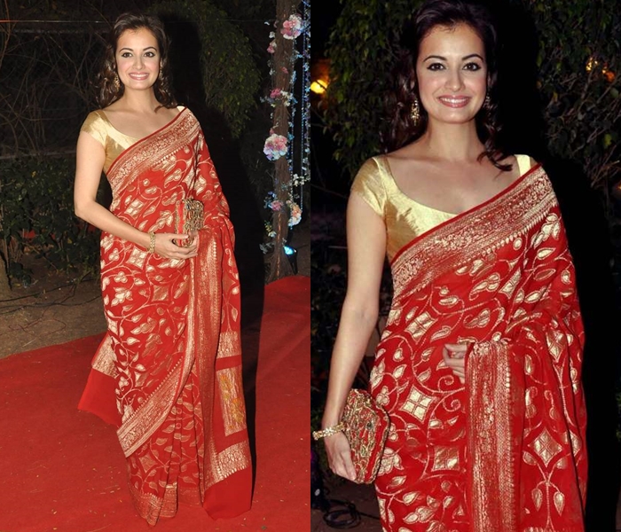 Red Saree And Gold Blouse