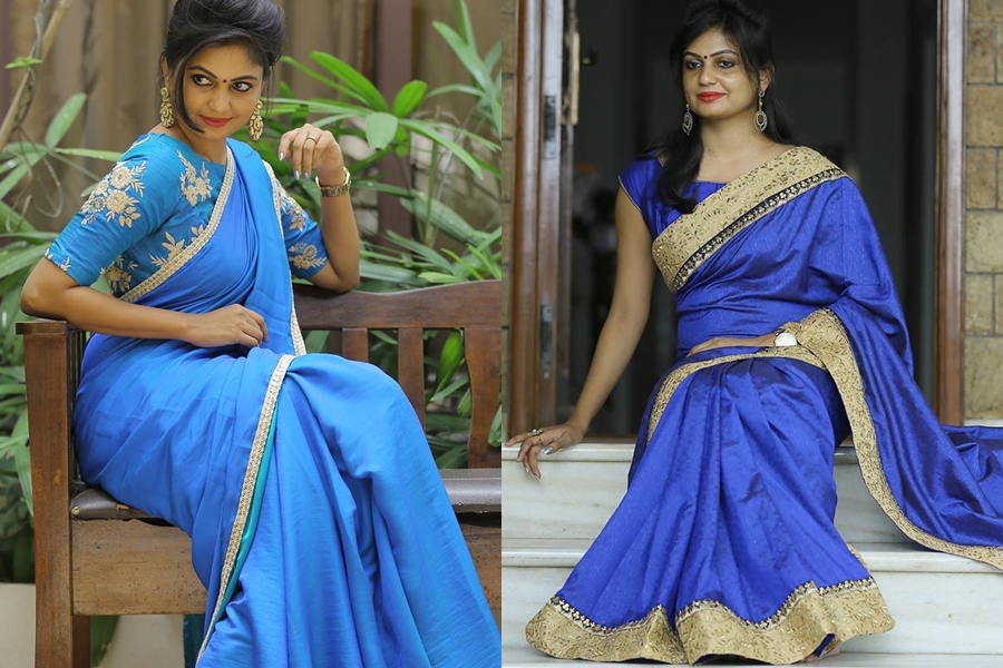 Plain Cotton Saree with Blouse- Blue – Ramanika