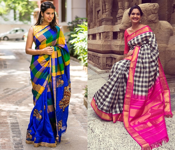 checkered silks sarees