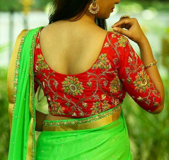 Stylish Green Soft Silk Saree with Unique Red Blouse