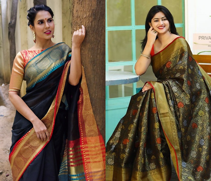 Stunning Black Colour Saree With Heavy Brocade Blouse Banarasi Beautif –  garment villa
