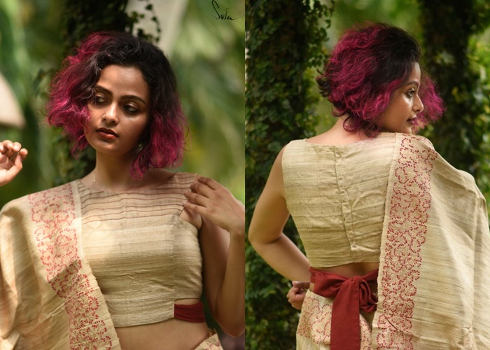 Ritu Varma in a grey linen saree and ikat blouse – South India Fashion